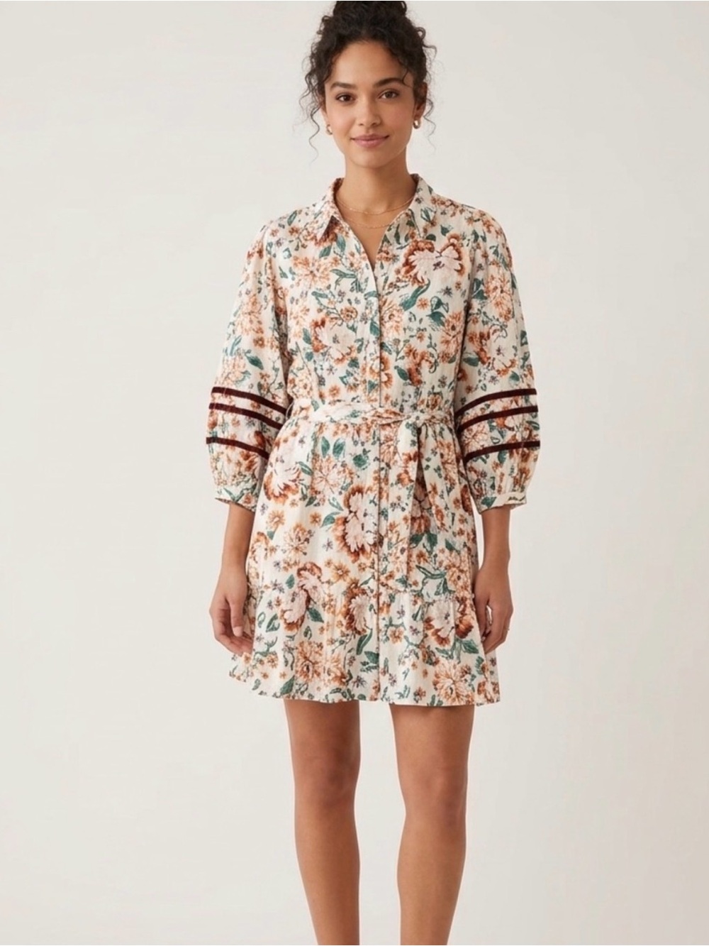 LC Lauren Conrad Floral Shirt Dress in Cream, Rust, and Green